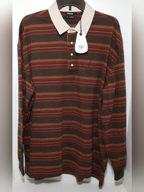 prAna Men’s Dark Roast Striped LS Rugby Polo with Contrast Collar Size XL NWT